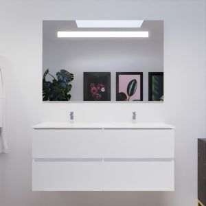 Meuble salle de bain double vasque suspendu 120 cm avec plan vasque ROSALY et miroir led Elegance h80 cm - Blanc brillant