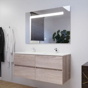 Meuble salle de bain double vasque suspendu 120 cm avec plan vasque ROSALY et miroir led Elegance h80 cm - Cambrian Oak Chêne