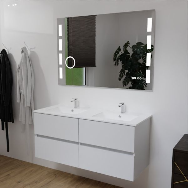 Meuble salle de bain double vasque suspendu 120 cm avec plan vasque ROSALY et miroir Excellence - Blanc brillant