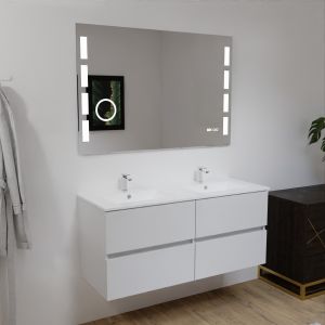 Meuble salle de bain double vasque suspendu 120 cm avec plan vasque ROSALY et miroir Excellence - Blanc brillant