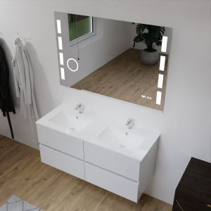 Meuble salle de bain double vasque suspendu 120 cm avec plan vasque ROSALY et miroir Excellence - Blanc brillant