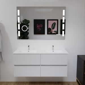 Meuble salle de bain double vasque suspendu 120 cm avec plan vasque ROSALY et miroir Excellence - Blanc brillant