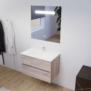 Meuble salle de bain 80 cm ROSALY avec plan vasque en céramique et miroir Elégance ht80 Cambrian Oak Chêne