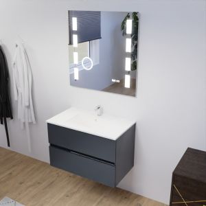 Meuble salle de bain 80 cm ROSALY avec plan vasque en céramique et miroir Excellence - Gris anthracite