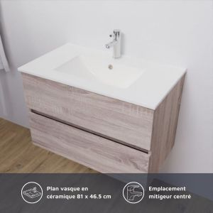 Meuble salle de bain suspendu 80 cm avec plan vasque en céramique ROSALY - Cambrian Oak aspect chêne