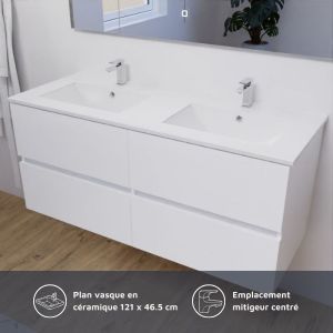 Meuble salle de bain double vasque suspendu 120 cm avec plan vasque en céramique ROSALY - Blanc brillant