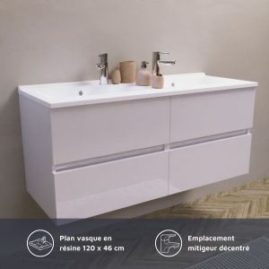 Meuble salle de bain double vasque suspendu 120 cm avec plan vasque en résine ROSALY - Blanc brillant