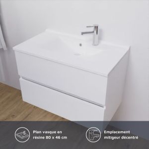 Meuble salle de bain 80 cm ROSALY avec plan vasque en résine et miroir Excellence  - Blanc brillant