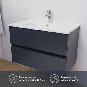 Meuble salle de bain 80 cm ROSALY avec plan vasque en céramique et miroir Excellence - Gris anthracite