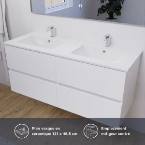 Meuble salle de bain double vasque suspendu 120 cm avec plan vasque en céramique ROSALY et miroir led Elegance h80 cm - Blanc br