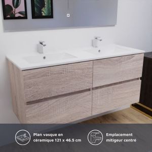 Meuble salle de bain double vasque suspendu 120 cm avec plan vasque en céramique ROSALY et miroir led Elegance h80 cm - Cambrian