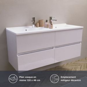 Meuble salle de bain double vasque suspendu 120 cm avec plan vasque en résine ROSALY et miroir Excellence - Blanc brillant
