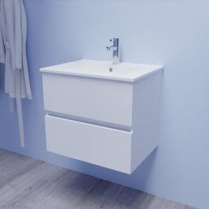 Meuble salle de bain suspendu ROSALY 60 cm avec plan vasque en céramique - Blanc brillant