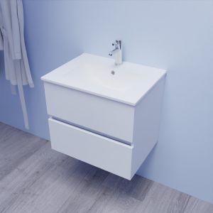 Meuble salle de bain suspendu ROSALY 60 cm avec plan vasque en céramique - Blanc brillant