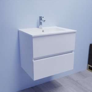 Meuble salle de bain suspendu ROSALY 60 cm avec plan vasque en céramique - Blanc brillant