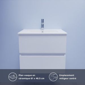 Meuble salle de bain suspendu ROSALY 60 cm avec plan vasque en céramique - Blanc brillant