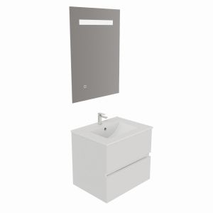 Meuble salle de bain 60 cm ROSALY blanc brillant avec plan vasque en céramique et miroir Elégance ht80