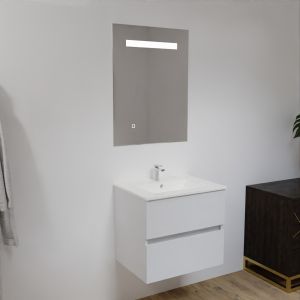 Meuble salle de bain 60 cm ROSALY blanc brillant avec plan vasque en céramique et miroir Elégance ht80