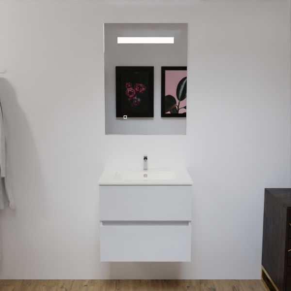 Meuble salle de bain 60 cm ROSALY blanc brillant avec plan vasque en céramique et miroir Elégance ht80