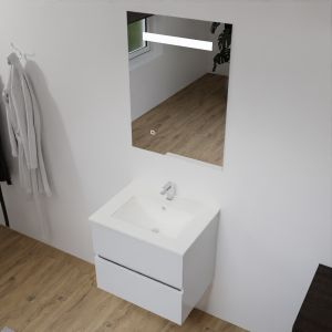 Meuble salle de bain 60 cm ROSALY blanc brillant avec plan vasque en céramique et miroir Elégance ht80