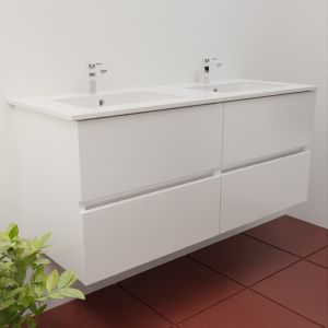 Meuble salle de bain suspendu 120 cm ROSINOX avec plan double vasque céramique - Blanc