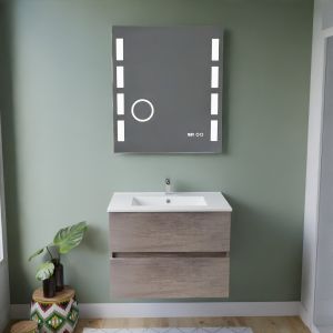 Meuble salle de bain inox ROSINOX 70 cm chêne avec plan vasque céramique + miroir Excell Plus