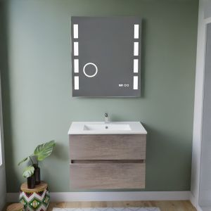 Meuble salle de bain inox ROSINOX 70 cm chêne avec plan vasque céramique + miroir Excellence