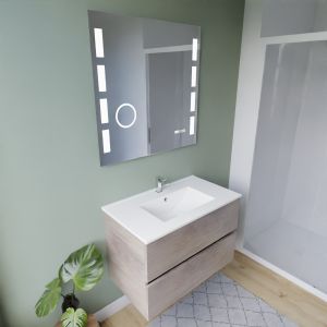 Meuble salle de bain inox ROSINOX 80 cm chêne avec plan vasque céramique + miroir Excellence