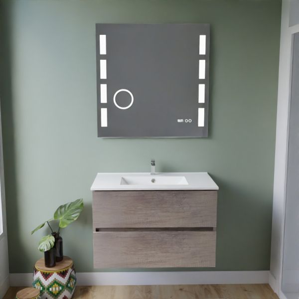 Meuble salle de bain inox ROSINOX 80 cm chêne avec plan vasque céramique + miroir Excellence