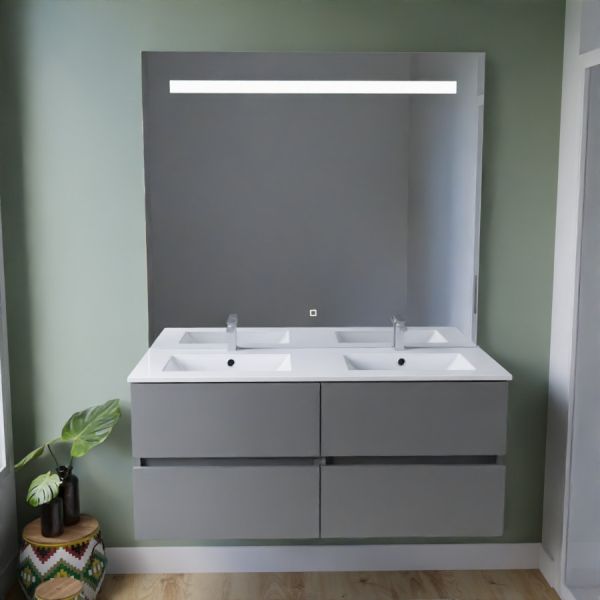 Meuble salle de bain 120 cm ROSINOX gris avec plan double vasque céramique et miroir Elégance
