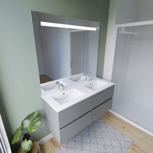 Meuble salle de bain 120 cm ROSINOX gris avec plan double vasque céramique et miroir Elégance