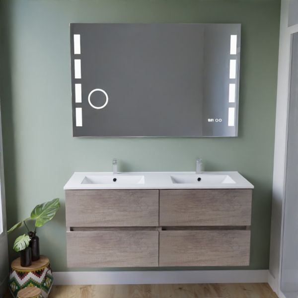 Meuble salle de bain 120 cm ROSINOX chêne avec plan double vasque céramique et miroir Excellence