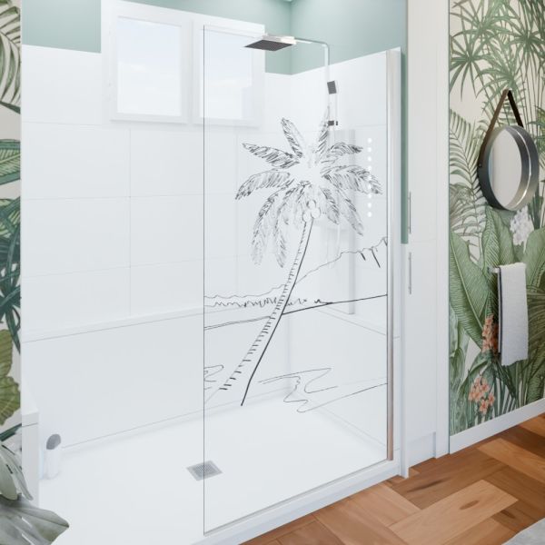 Paroi de douche verre transparent avec dessin mer et palmier PALMA 100 cm