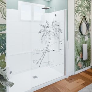 Paroi de douche verre transparent avec dessin mer et palmier PALMA 110 cm