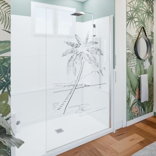 Paroi de douche verre transparent avec dessin mer et palmier PALMA 120 cm
