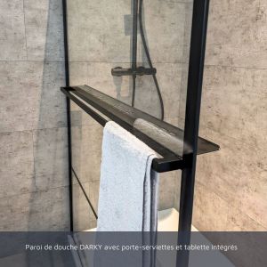 Paroi de douche noir mat avec porte-serviette et tablette DARKY 120 cm