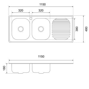 Evier en inox 2 bacs + égouttoir EVINOX 115 cm x 48 cm