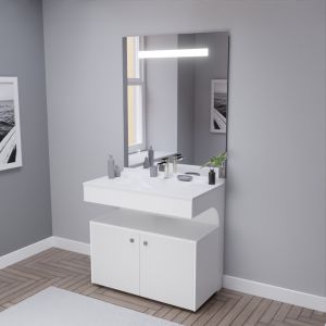 Meuble vasque PMR EPURE 90 cm avec miroir led Eleg Plus et caisson roulant - Blanc brillant