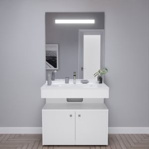 Meuble vasque PMR EPURE 90 cm avec miroir led Eleg Plus et caisson roulant - Blanc brillant