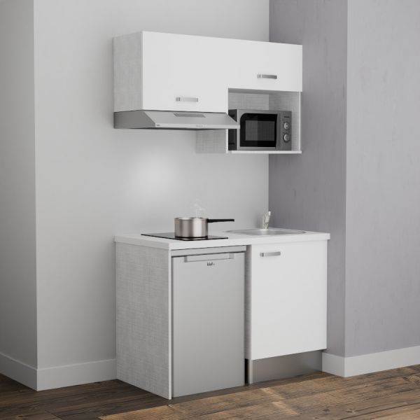 Kitchenette 120 cm K02L-PT meubles bas et hauts façades coloris blanc, plan de travail blanc et évier inox