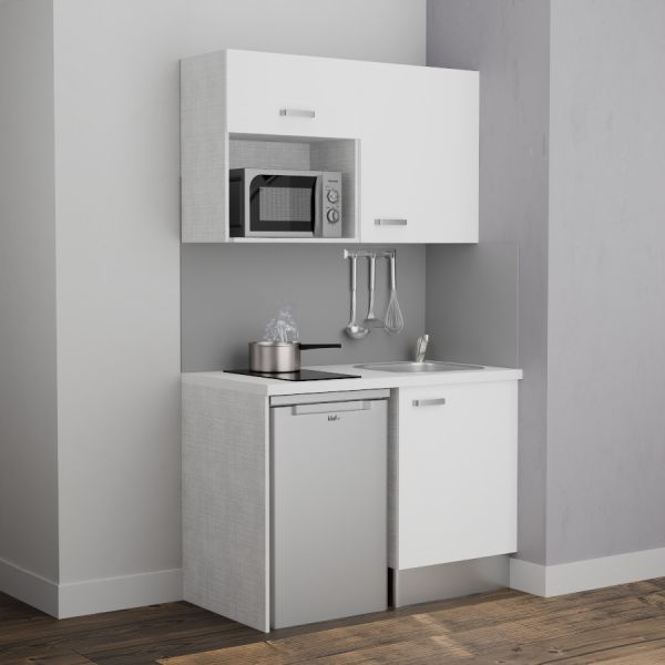 Kitchenette 120 cm modèle K07L-PT avec meubles bas et hauts façades blanches, plan de travail blanc, évier inox 