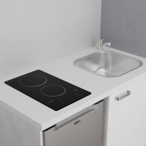 Kitchenette K02L-PT façades blanches - 120 cm avec plan de travail blanc et évier en inox à encastrer et emplacements frigo, hot