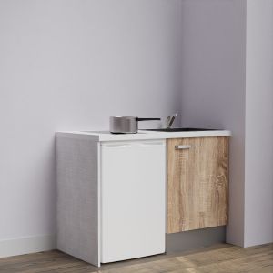 Kitchenette K08-PT - 120 cm avec plan de travail blanc et évier noir - emplacement frigo - meuble coloris bois