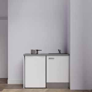 Kitchenette K08-PT - 120 cm avec plan de travail gris et évier noir - emplacement frigo - meuble blanc mat
