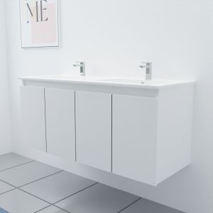 Meuble salle de bain double vasque suspendu 120 cm avec porte pivotante et plan vasque en céramique PROLINE - Blanc brillant
