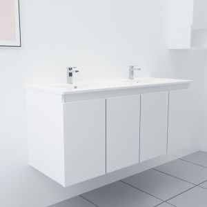 Meuble salle de bain double vasque suspendu 120 cm avec porte pivotante et plan vasque en céramique PROLINE - Blanc brillant