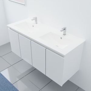 Meuble salle de bain double vasque suspendu 120 cm avec porte pivotante et plan vasque en céramique PROLINE - Blanc brillant