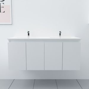 Meuble salle de bain double vasque suspendu 120 cm avec porte pivotante et plan vasque en céramique PROLINE - Blanc brillant