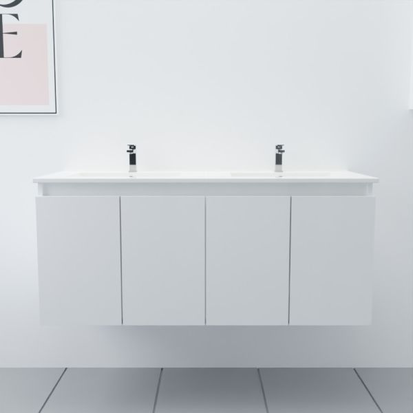 Meuble salle de bain double vasque suspendu 120 cm avec porte pivotante et plan vasque en céramique PROLINE - Blanc brillant