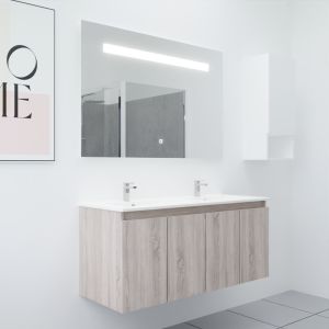 Meuble salle de bain suspendu 120 cm avec porte pivotante avec plan vasque en céramique PROLINE et miroir Elégance ht80 - Cambri